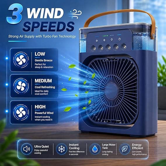 Portable Air Cooler Fan Personal, Mini Evaporative Air Conditioner with Water Spray, 7 LED Mood Light, Timer, 3 Wind Speeds for Office Bedroom