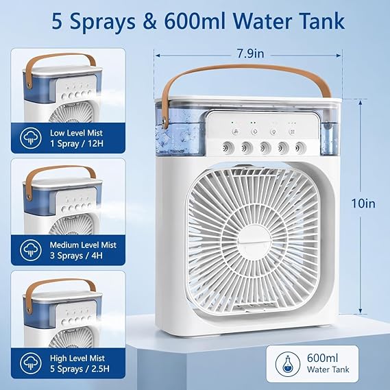 Portable Air Cooler Fan Personal, Mini Evaporative Air Conditioner with Water Spray, 7 LED Mood Light, Timer, 3 Wind Speeds for Office Bedroom