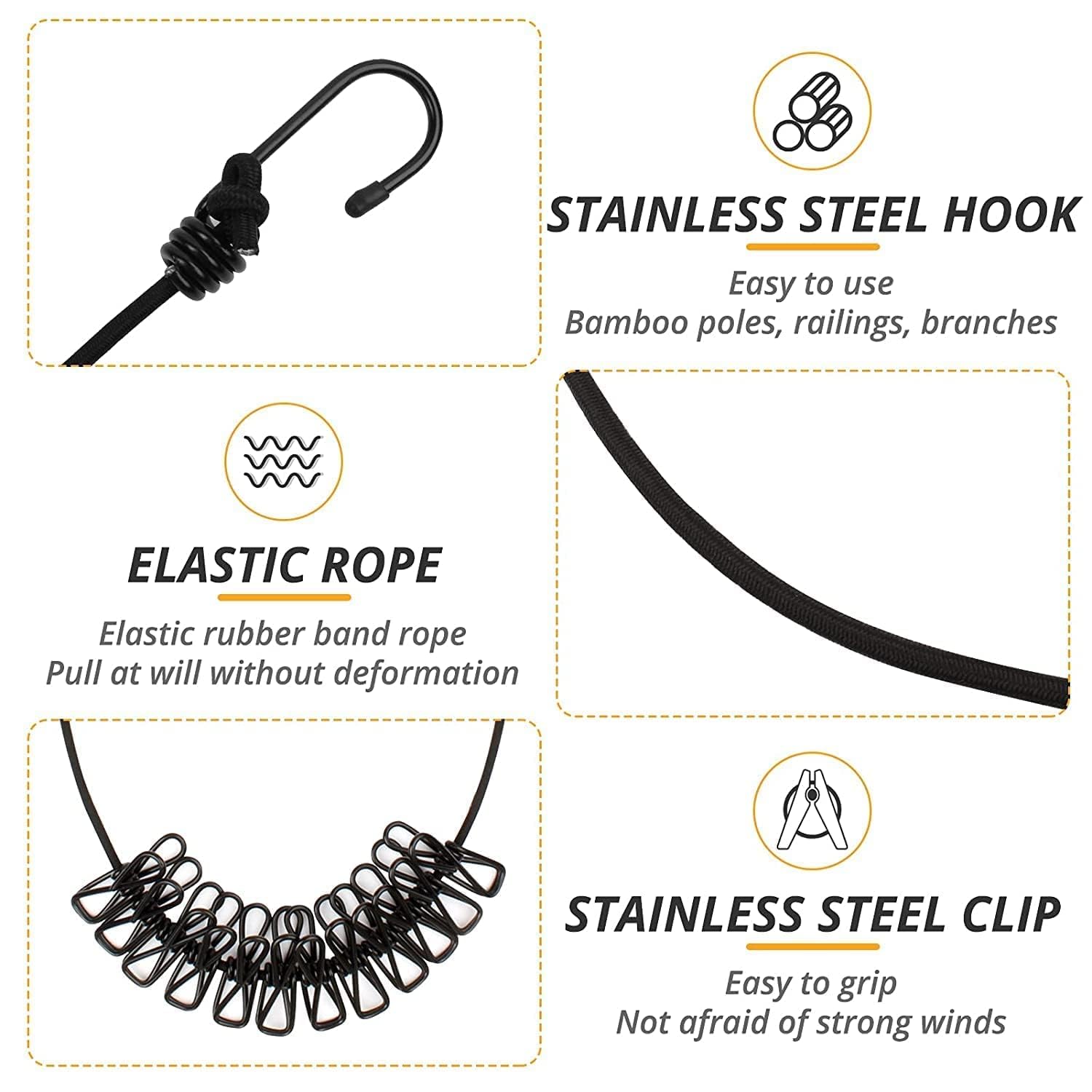 Cloth Drying Rope -with attached hooks & 12 clips